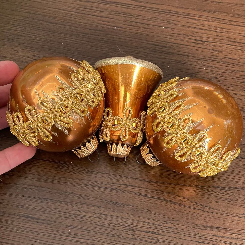 Vintage Copper Color Glass Ornament West Germany Lot of 3 Bell Ball Amber FLAW